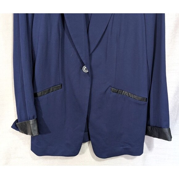 Susan Graver Size 12 Ponte Knit Blue Blazer with Black Faux Leather Trim Career - Picture 15 of 16